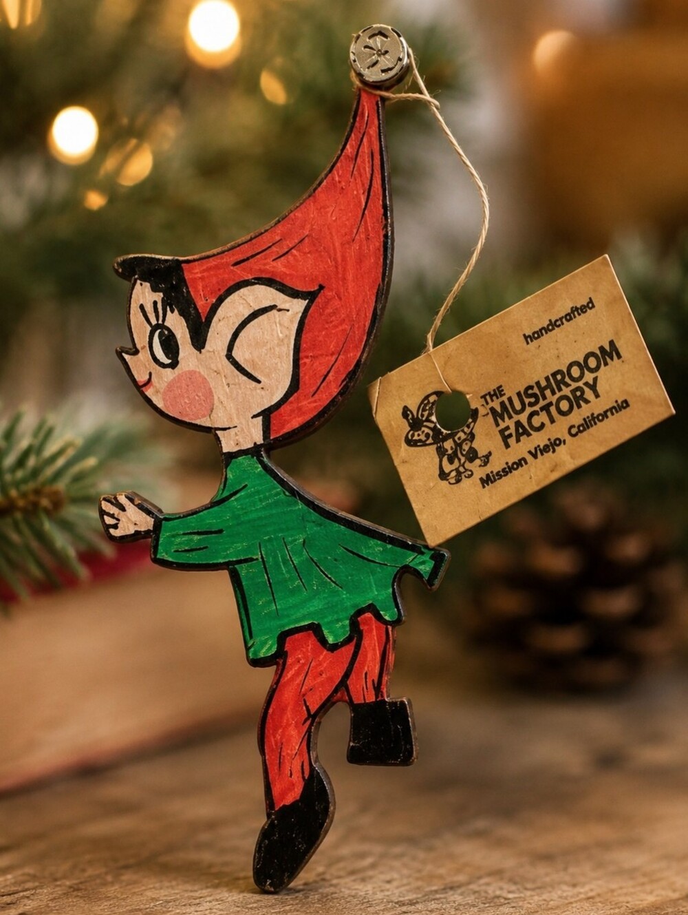 Vintage Mushroom Factory Handcrafted Wood Elf Ornament w/ Original Tag Christmas